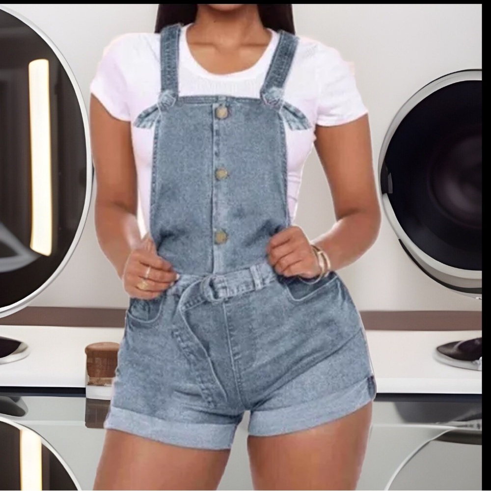 Vintage 90’s Stone Wash Style Button Bandage Design High Waist Overalls shorts